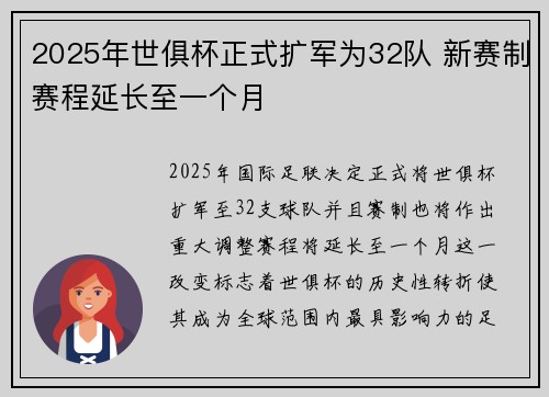 2025年世俱杯正式扩军为32队 新赛制赛程延长至一个月 2025年世俱杯正式扩军为32队 新赛制赛程延长至一个月